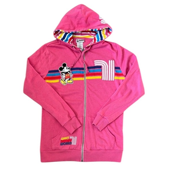 Disney Parks Mickey Mouse Pink Hoodie WDW Embroidery Stripes Colorful Soft Large - Picture 1 of 11